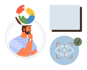 Man contemplating with puzzle piece thought bubble and focus target symbol, paired with blank notebook. Ideal for brainstorming, problem-solving, creativity, focus, organization, vision, strategic