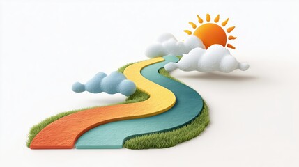 Colorful dual-lane winding pathway ascending toward a bright sun with fluffy clouds and green grass in a playful 3D paper-cutout style