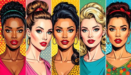 Obraz premium Creative portrait of diverse women in pop-art comic book style, each with unique hairstyle and expression, bold makeup tones