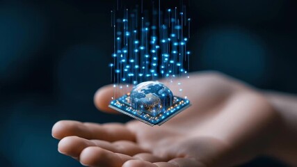 AI chip prototype featuring energy efficient technology and innovation held hand with digital earth globe showcasing advanced digital technology - Powered by Adobe