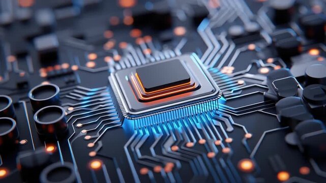 AI chip prototype energy efficient circuit board glowing with electronic components closeup microchip technology digital innovation hardware system