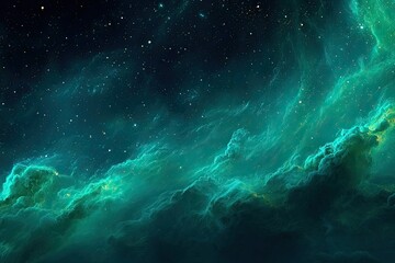Deep space nebula, vibrant turquoise and emerald hues, star-studded night sky