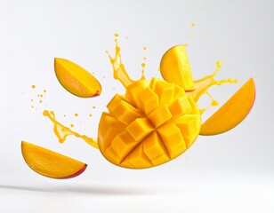 A fresh mango half with golden cubes and slices, captured mid-air with juice splashes