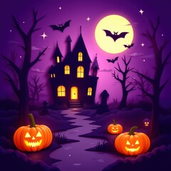 Colorful Halloween paper art with graveyard and pumpkins