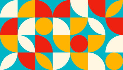 Vibrant geometric pattern featuring circles, semi-circles, and quarter-circles in red, yellow, blue, and white, arranged in a symmetrical grid. The playful retro design adds dynamic visual appeal.