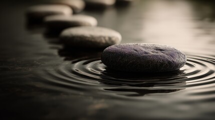 Smooth flat stones aligned in calm water with gentle ripples creating a serene and balanced scene