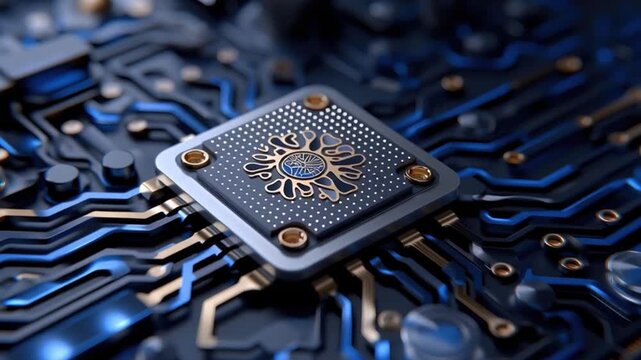 AI chip prototype on circuit board featuring energy efficient technology with intricate and modern electronic components close up design concept