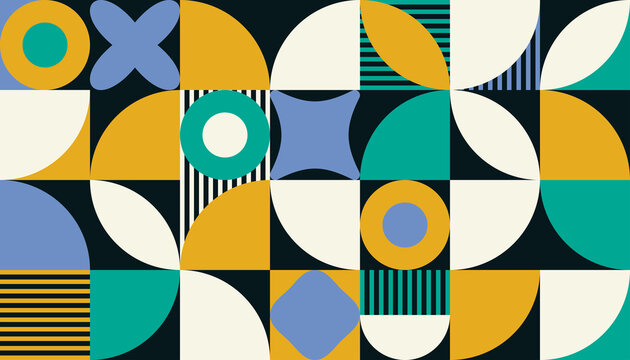 A balanced geometric layout featuring circles, squares, half circles, and quarter circles in blue, yellow, green, and white. The symmetrical pattern blends modern style with playful retro charm.