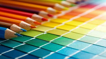 Vibrant Colored Pencils Aligned with Gradient Color Swatches Displaying Smooth Transitions from Blue-Green to Warm Yellow and Orange Hues