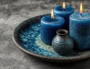 Traditional blue Hanukkah candles with plate on white background, overhead shot with copy space for holiday greeting cards or banners.