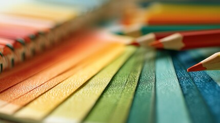 Vibrant gradient of colored pencils arranged on textured surface with selective focus and depth effect