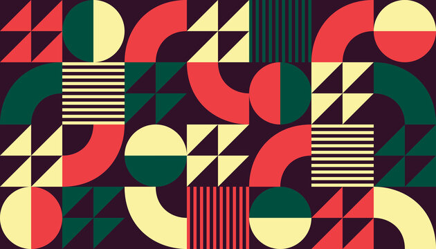 Abstract geometric pattern featuring overlapping semi-circles, rectangles, and triangles in red, green, yellow, and purple hues. The playful symmetry and retro palette create visual rhythm and charm.