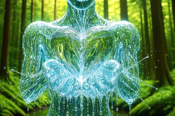 水でできた人型がハートを抱える幻想的な背景