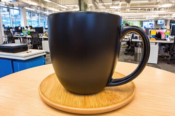 Large black mug on a wooden tray in an office