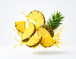 Juicy pineapple slices and wedges bursting with golden juice against a white backdrop