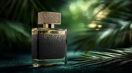 Elegant black and gold perfume bottle on green surface with blurred tropical palm leaves and soft bokeh light background