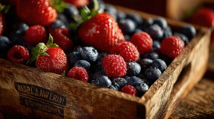 Freshly Harvested Berries in a Rustic Wooden Crate Arrangement