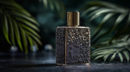 Textured dark stone perfume bottle with gold cap against blurred tropical palm leaves background