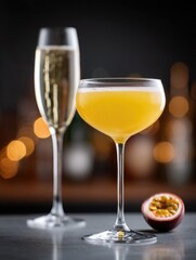 Bright passion fruit cocktail in elegant glass with garnish, per