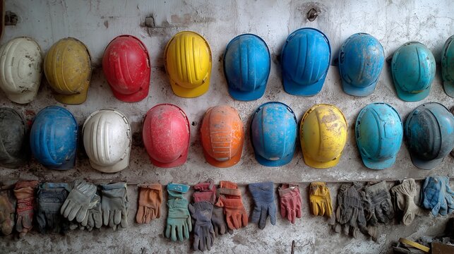Worn colorful safety helmets and gloves hanging on a wall in an industrial workplace environment