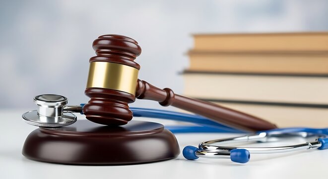 Medical malpractice lawyer attorney legal justice gavel stethoscope healthcare law concept cases 100 characters