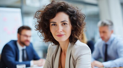 Confident woman in blazer with colleagues collaborating in modern office setting