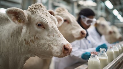 Close-up of white cows lined up inside a dairy processing facility with a worker handling bottles of milk in a sterile environment