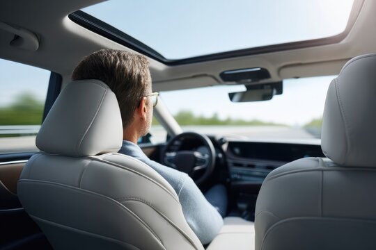 Relaxed driver enjoying scenic ride in modern, self-driving car