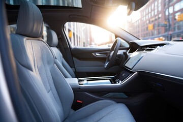 Sleek interior showcases modern design, soft leather seats, and