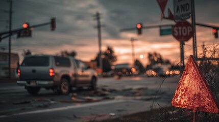 Silver SUV stopped at red light beside reflective warning sign on moody urban street at dusk