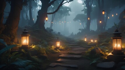 An enchanting stone pathway lit by hanging lamps and glowing lanterns through a magical, misty twilight forest.