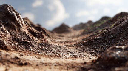 Close-up of a wet, textured dirt path with small mounds and a cloudy sky in a natural outdoor landscape
