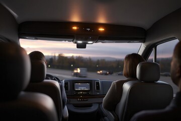 Interior view of self-driving vehicle showcasing passengers enjo