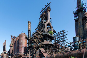 Abandoned and dilapidated remnants like blast furnaces of the old steel manufacturing plant in Bethlehem, Pennsylvania, USA