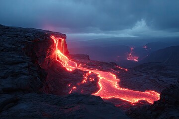 Fototapeta premium Molten lava flows down a volcanic cliff at twilight. Lava streams across dark volcanic terrain. Dramatic sky