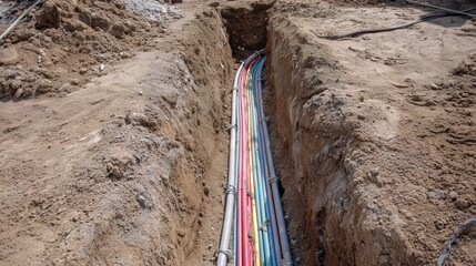 Underground trench with vibrant colored utility cables and conduits embedded in soil during infrastructure installation