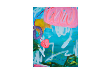 Abstract painting with pink jellyfish purple loop and red heart shapes colorful