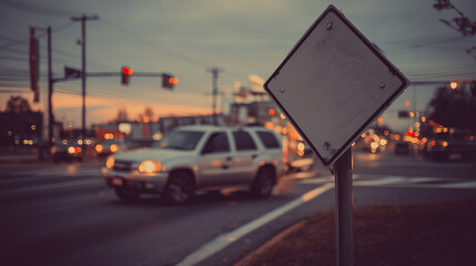 Diamond-shaped traffic sign with car silhouette against blurred urban traffic lights at dusk