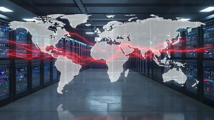 Global network connections pulsing through server room, data streams connecting world, advanced technology infrastructure for global business solutions - Powered by Adobe