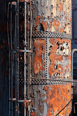 Close up of abandoned and dilapidated remnants like blast furnaces of the old steel manufacturing plant in Bethlehem, Pennsylvania, USA
