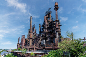 Abandoned and dilapidated remnants like blast furnaces of the old steel manufacturing plant in Bethlehem, Pennsylvania, USA