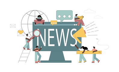 Latest news, sources of information. People using gadgets receive, analyze, discuss news. Vector illustration