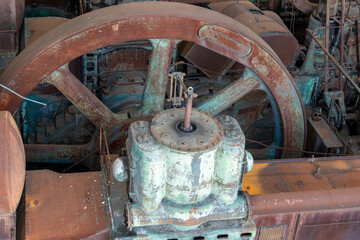 Close up of equipment in gas blowing room among abandoned and dilapidated remnants like blast furnaces of the old steel manufacturing plant in Bethlehem, Pennsylvania, USA