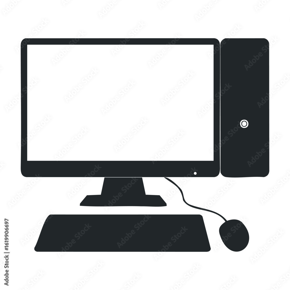 Poster minimalist desktop computer setup with monitor, tower, keyboard, and mouse. vector illustration