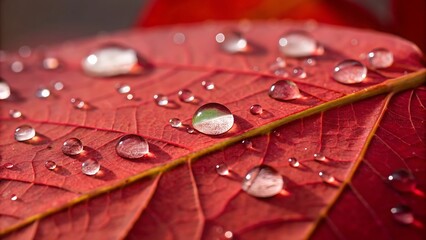 Fototapeta premium Close up of a red leaf with many water droplets