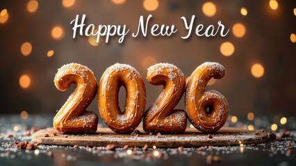 Happy New Year 2026. Festive design. Photo of baking