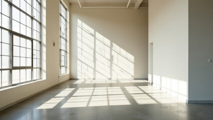 Sunlight streams through large windows into an empty room.