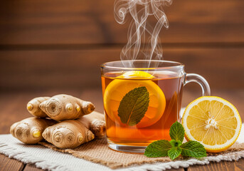 Steaming hot ginger tea with fresh lemon and mint. Herbal drink, natural remedy, health and wellness.