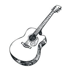 Obraz premium Acoustic guitar sketch with detailed strings and wooden body. Vector illustration