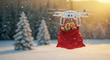 A white quadcopter, adorned with lights, flies in a snowy landscape, carrying a large red sack brimming with wrapped presents